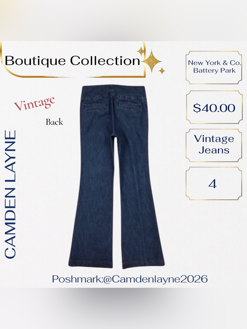 New York & Company Vintage Battery Park Button Dark Blue Flared Jeans - Picture 4 of 8